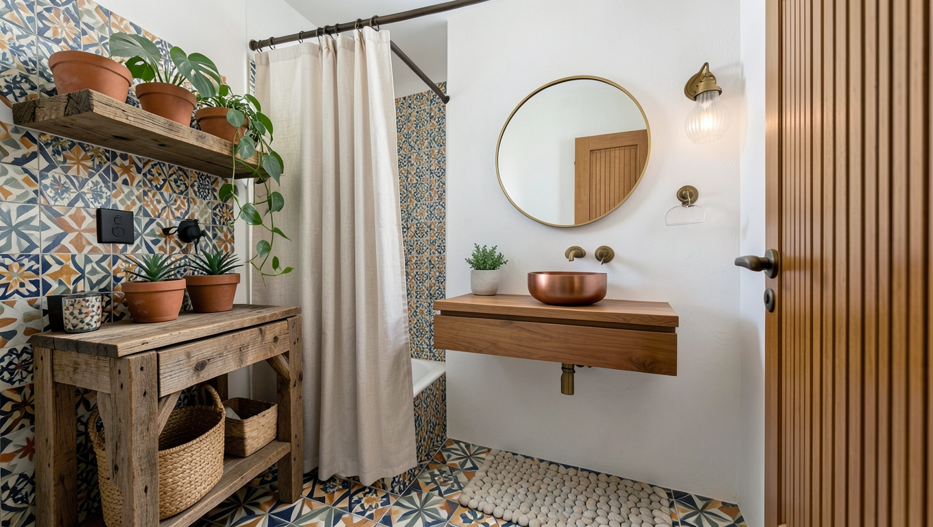 łazienka patchwork i drewno